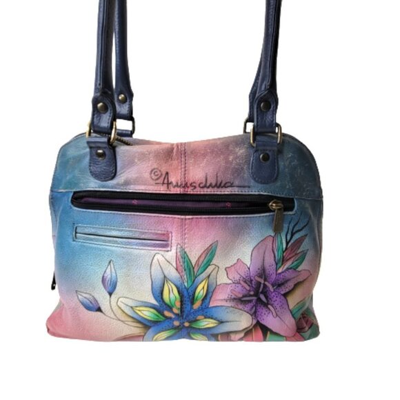 ANUSCHKA  5 Compartments Bag Handpainted Leather Floral Tote Blue Lilies Handbag - Picture 5 of 16